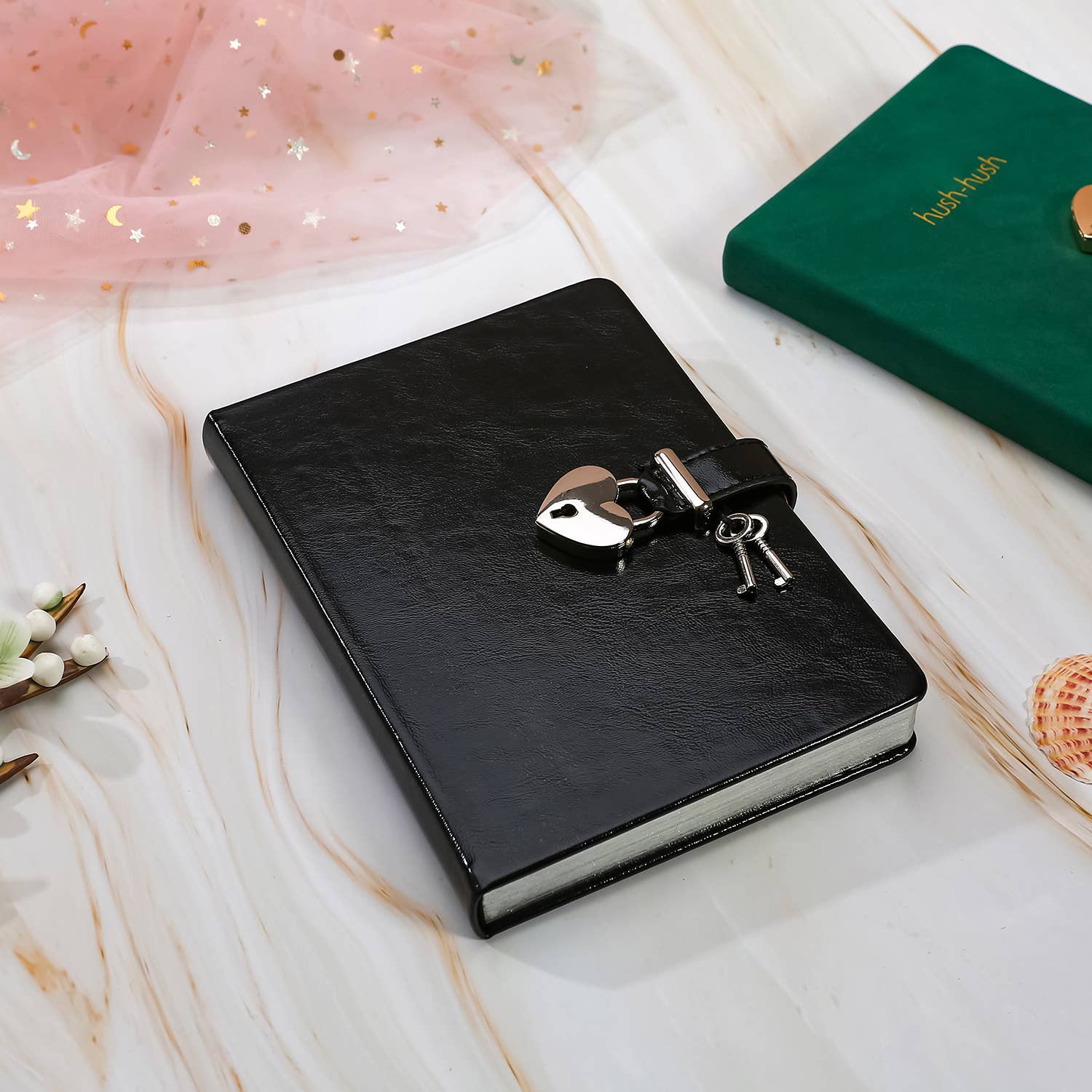 Heart Lock Diary for Girls with Key Vegan (Metallic Black)