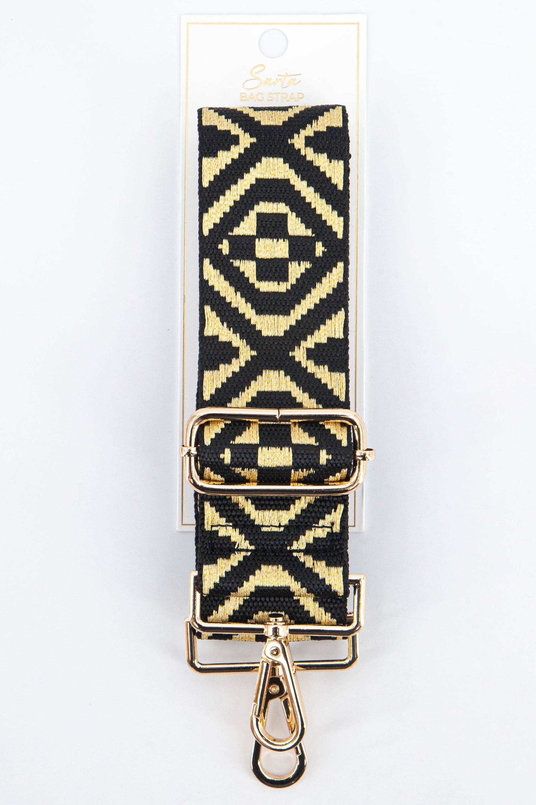 Gold Ikat Print Jacquard Woven Wide Bag Strap in Black