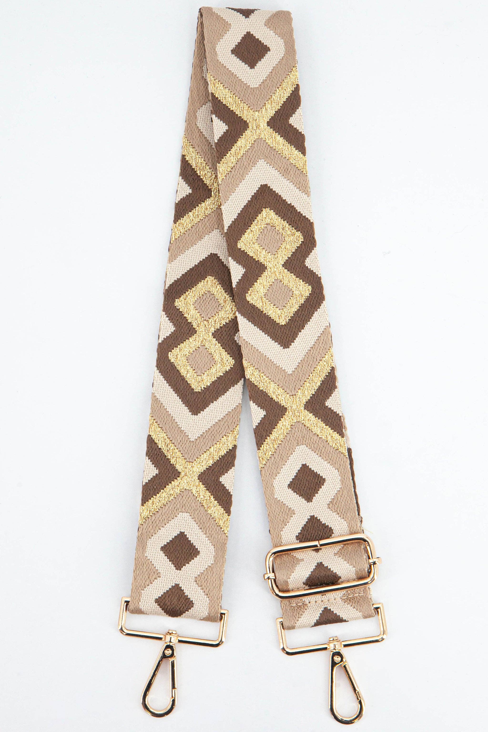 Woven Aztec Print Metallic Wide Bag Strap in Sand & Gold