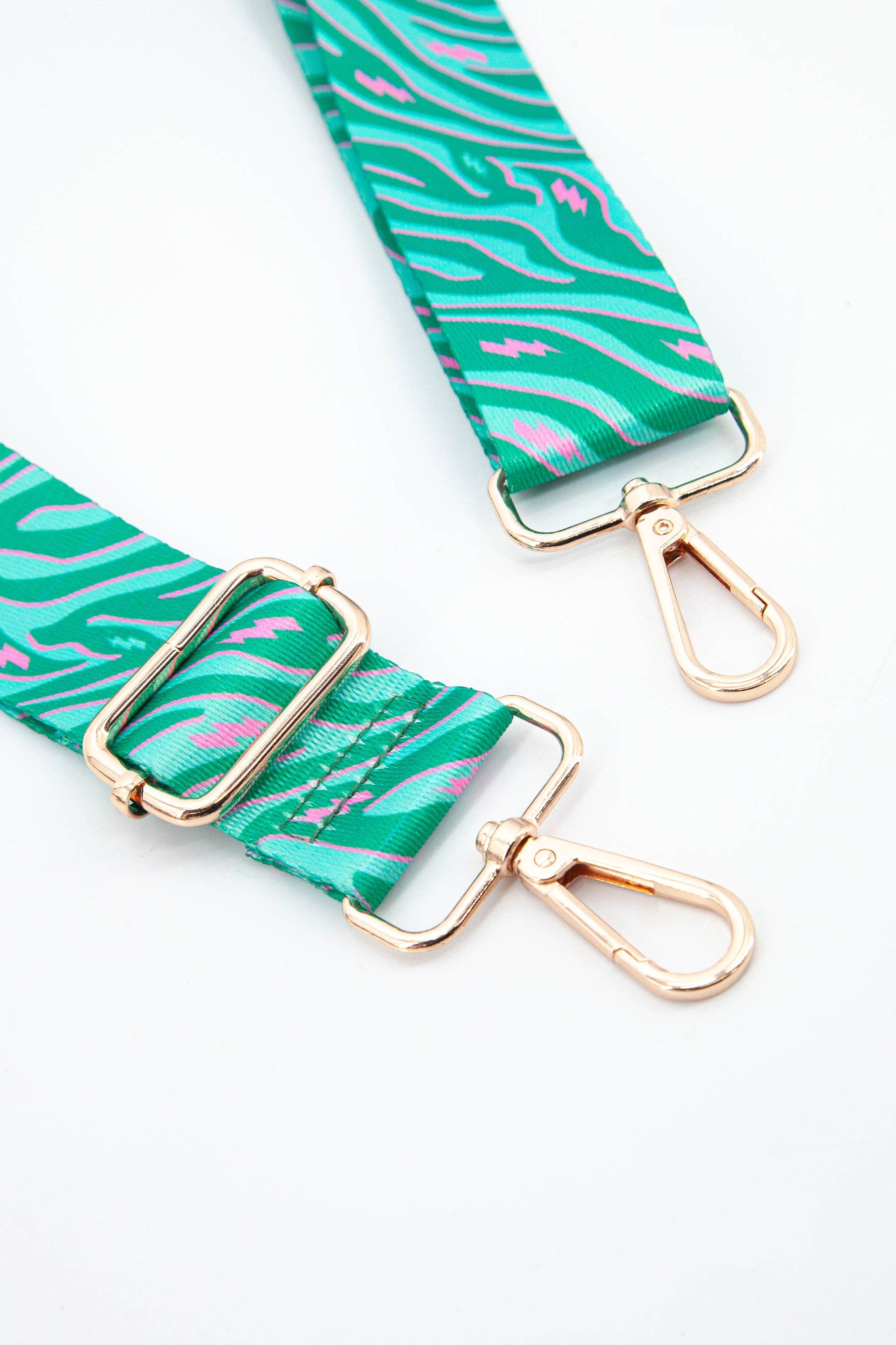 Two Tone Zebra and Lightning Bolt Bag Strap in Green & Pink