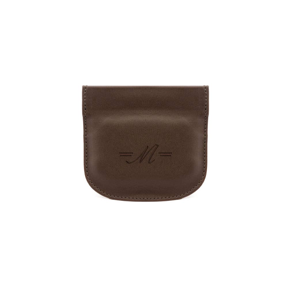 Round leather strap purse.