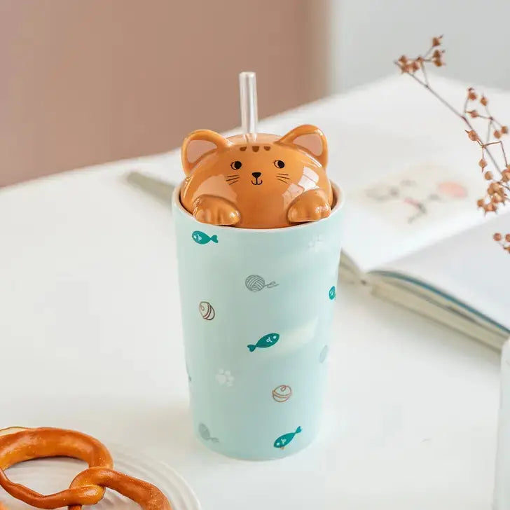 Cute cat drinking straw ceramic Mug, Kawaii Tumbler, Cat Cup