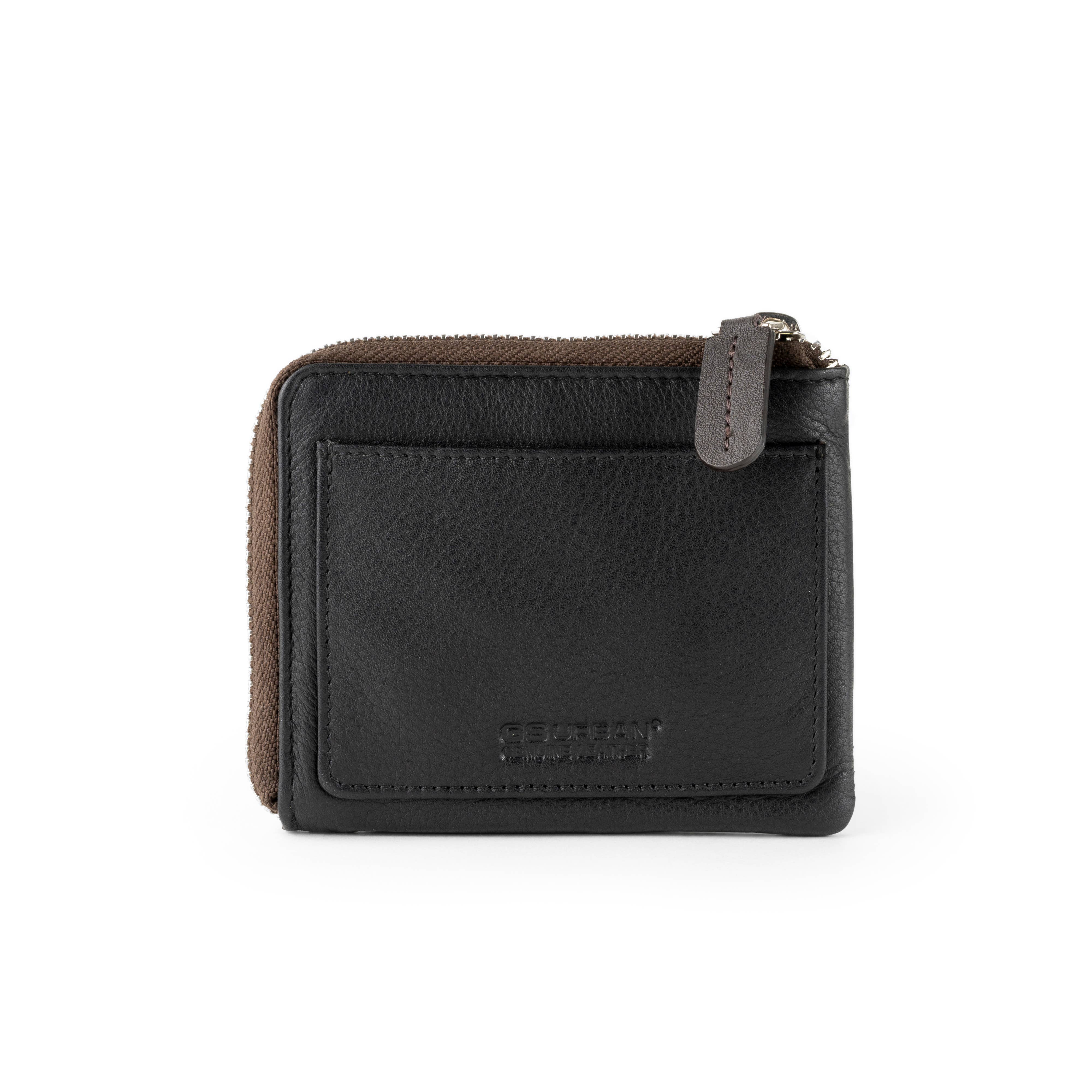 Leather wallet with outer pocket.