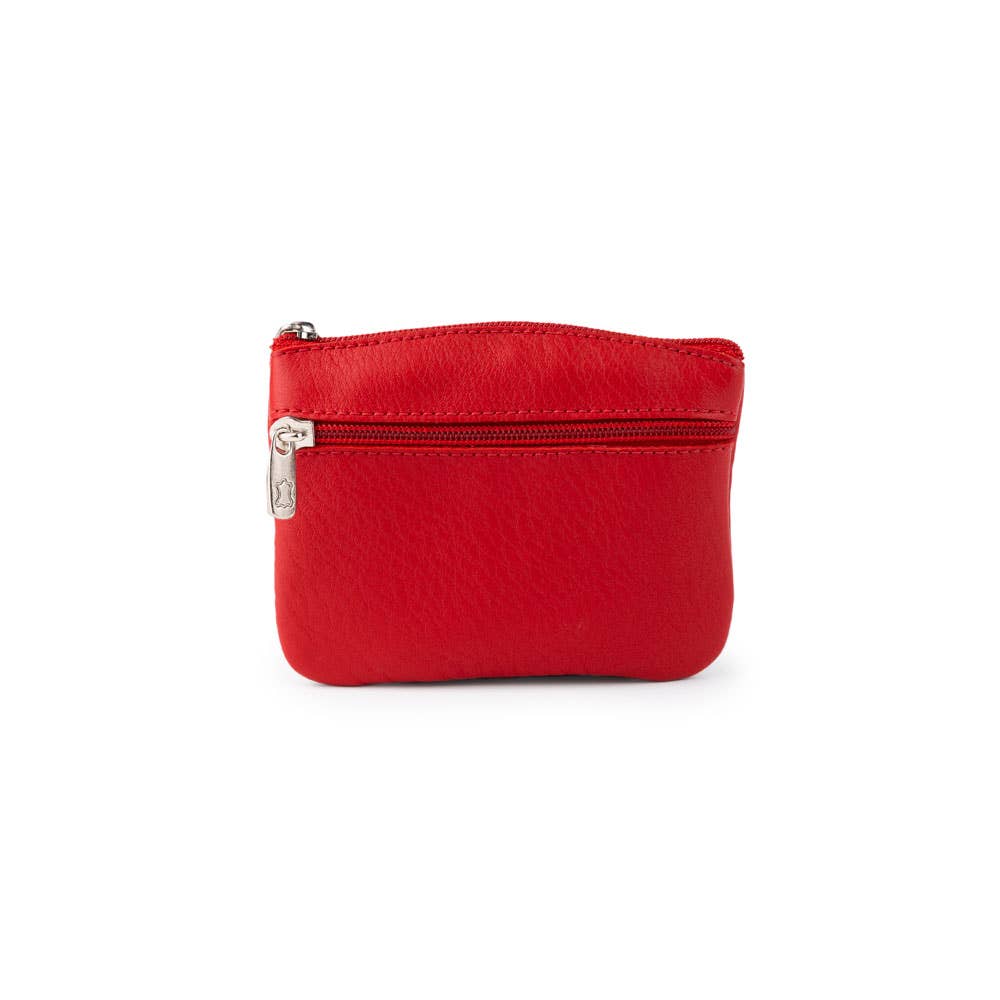 Coloured leather purse with two zippers.