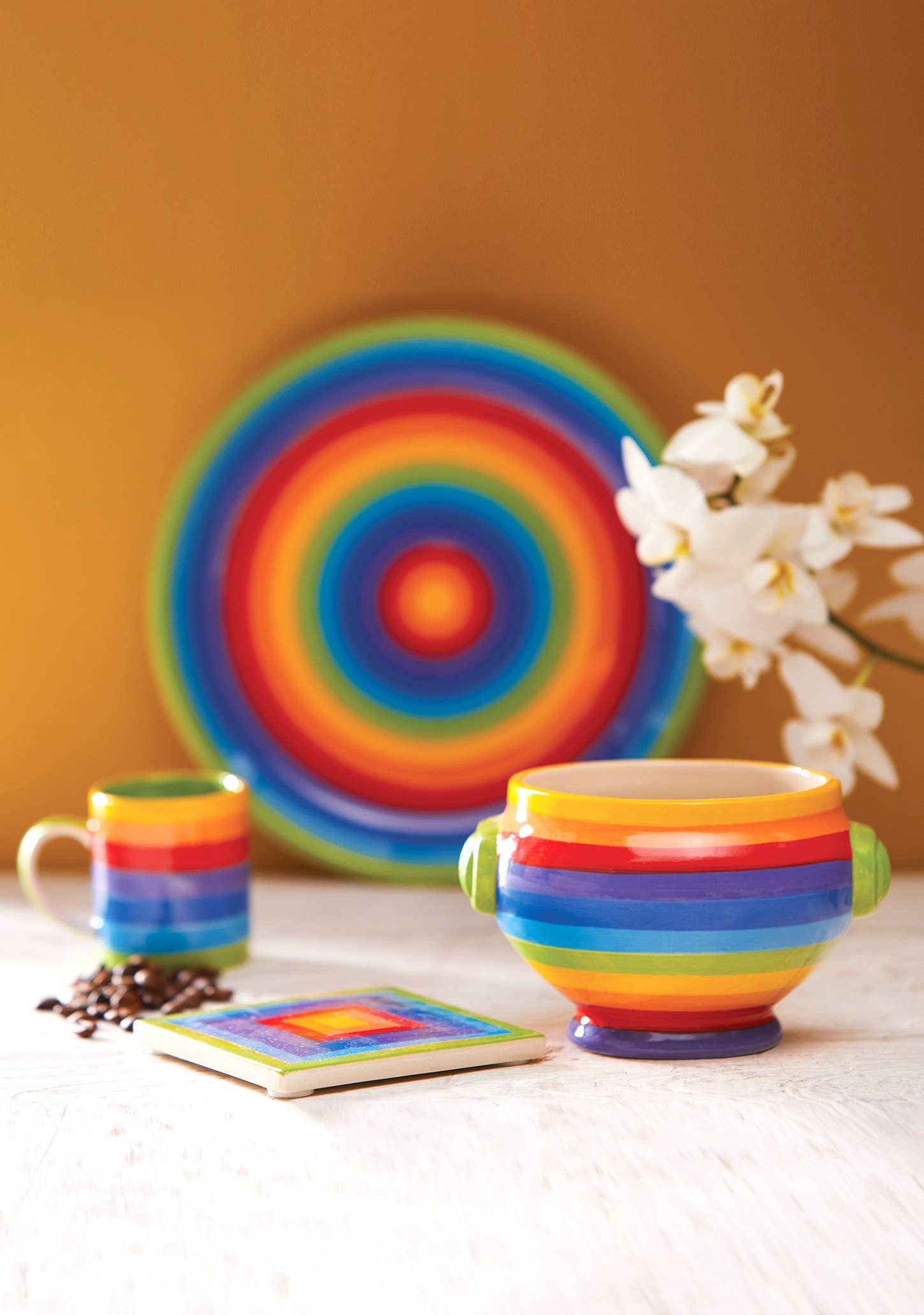 Hand Painted Rainbow Stripe Ceramic Plate