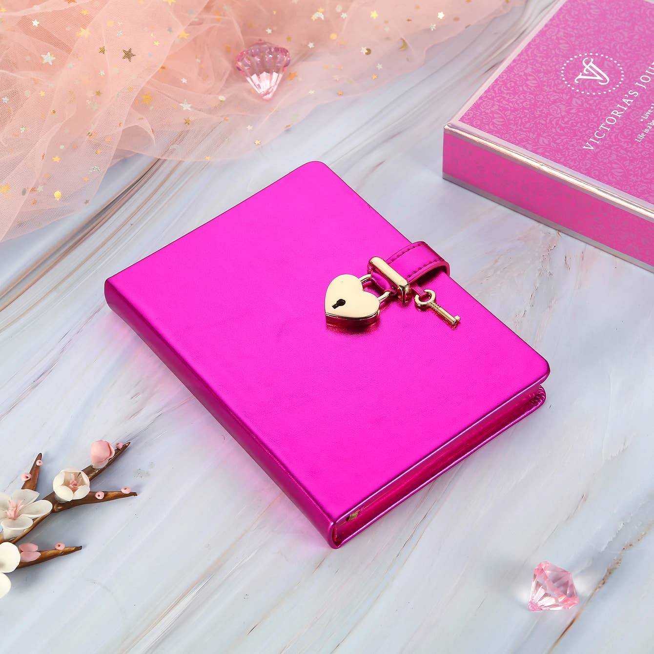 Heart Lock Journal for Girls with 2 Keys (Metallic Magenta)