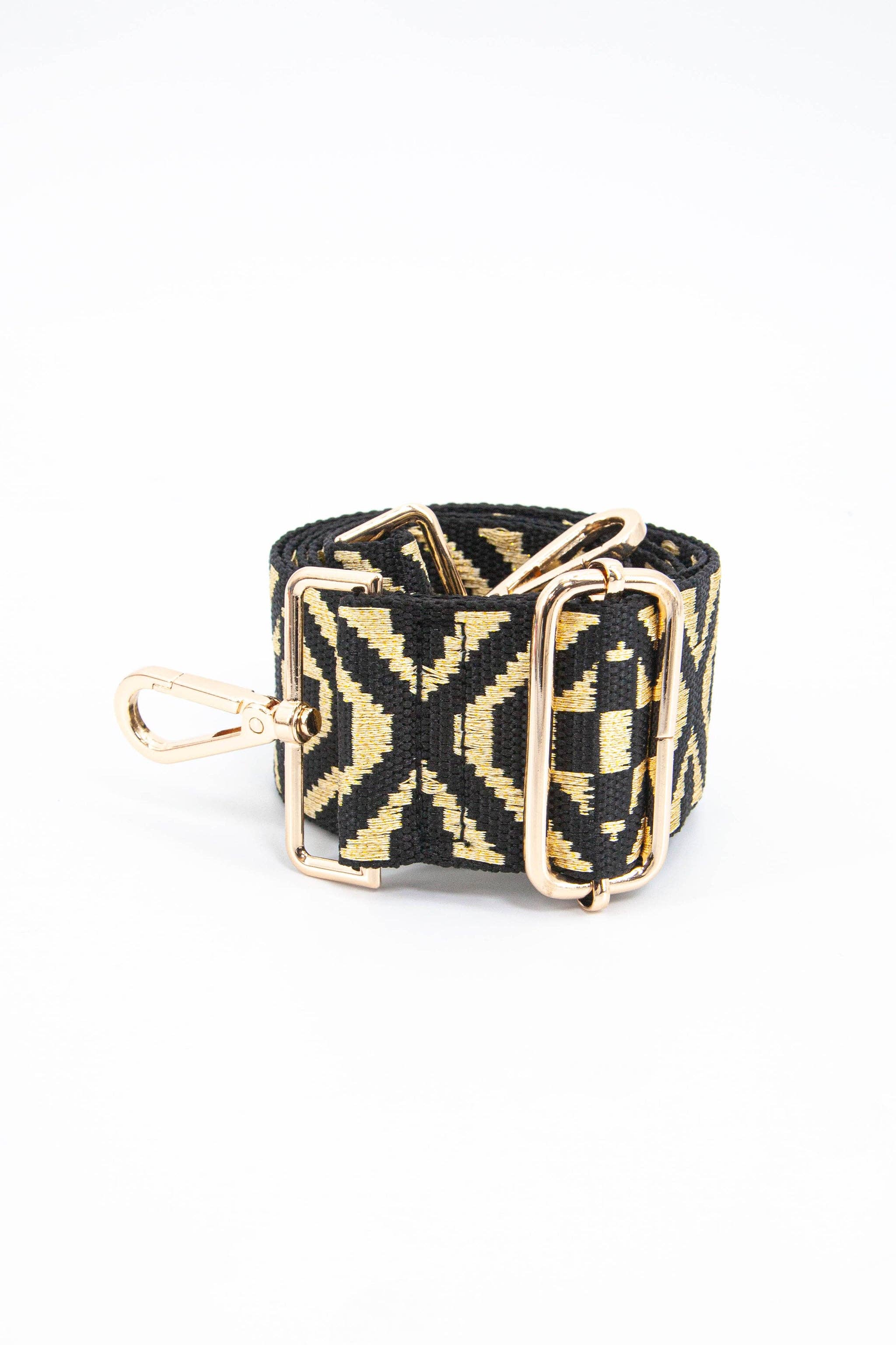 Gold Ikat Print Jacquard Woven Wide Bag Strap in Black