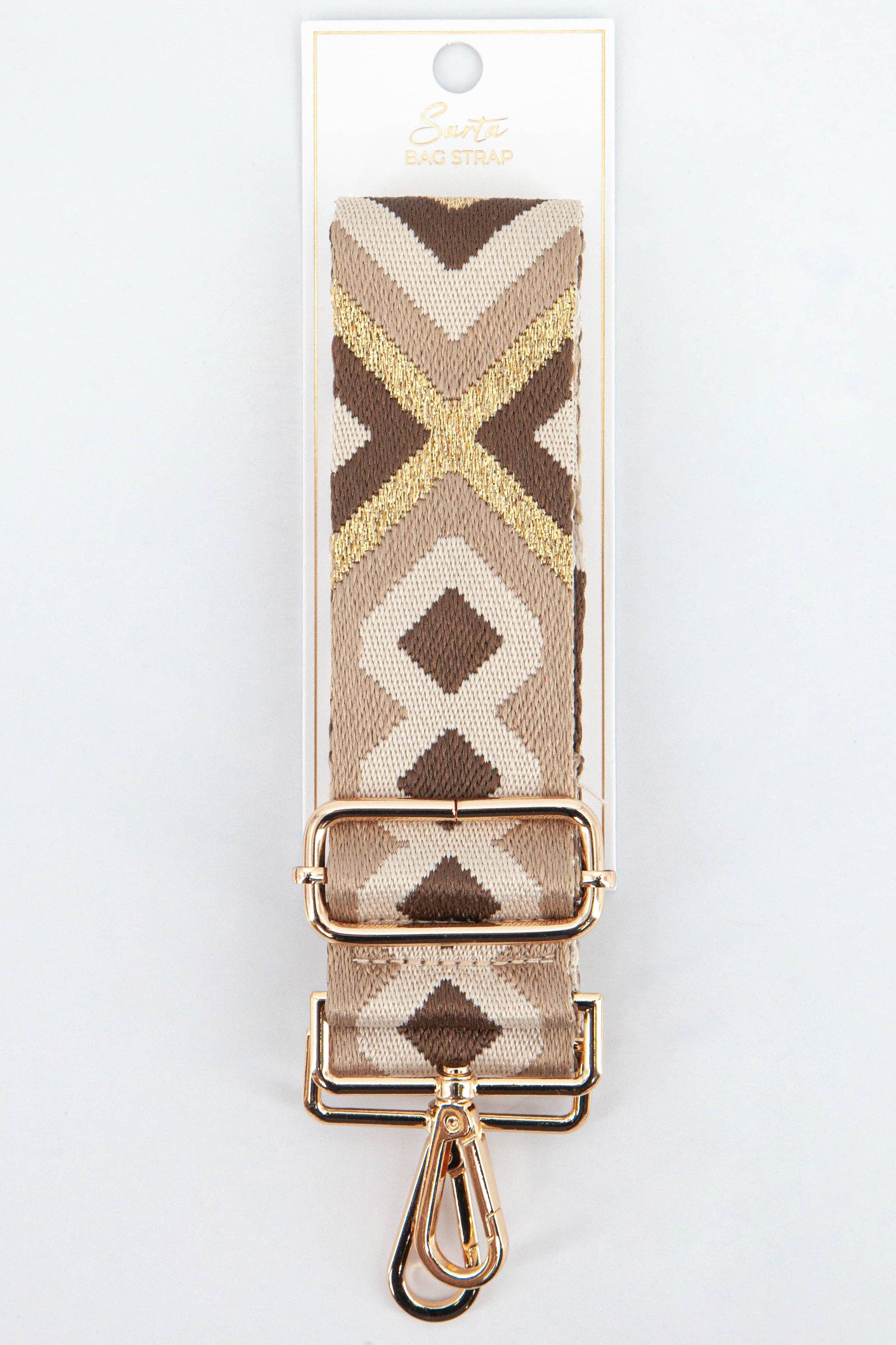 Woven Aztec Print Metallic Wide Bag Strap in Sand & Gold