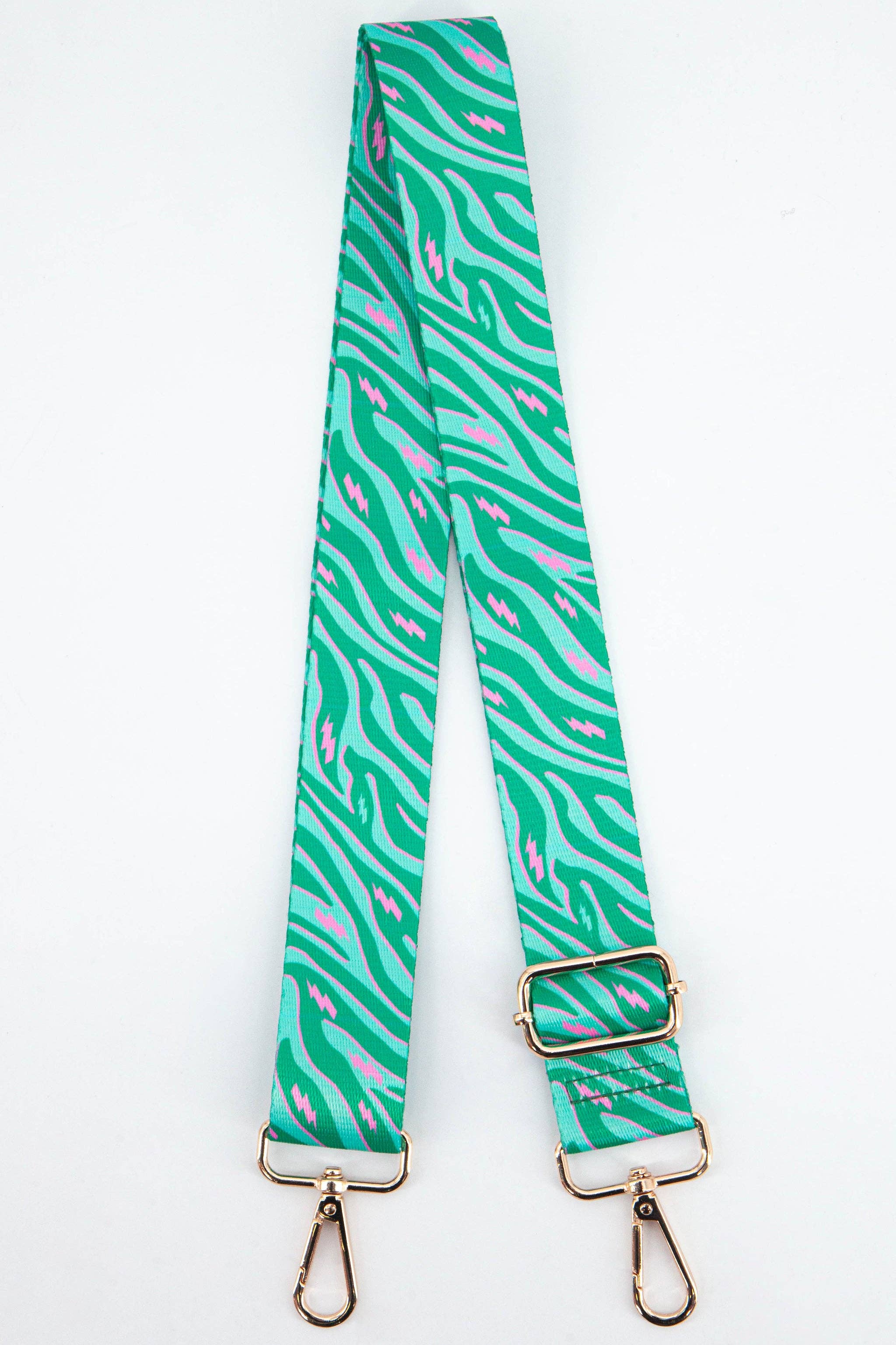 Two Tone Zebra and Lightning Bolt Bag Strap in Green & Pink