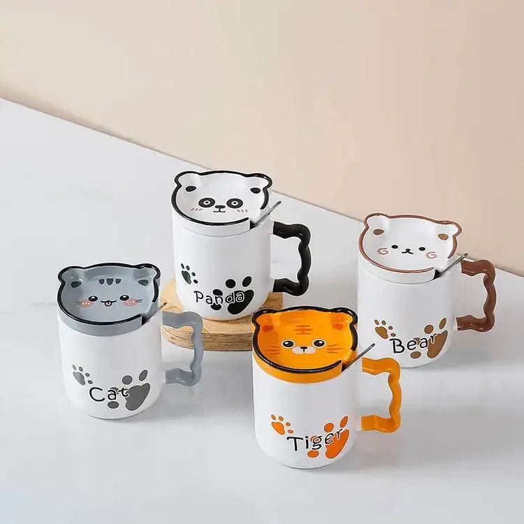 Cartoon Ceramic Mug with Lid Cat Panda Tiger