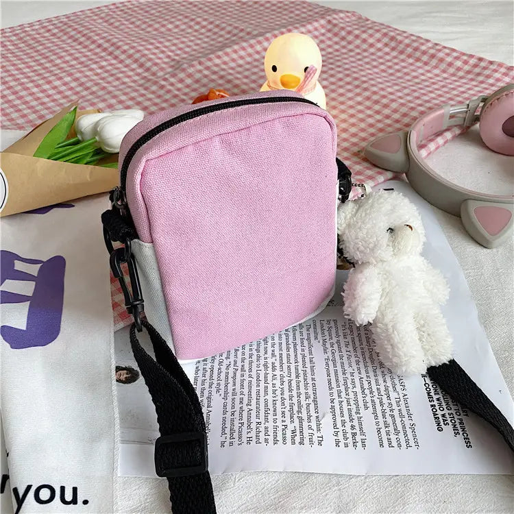 Mini Kawaii Shoulder Bag with Rabbit Brooch and Bear Doll