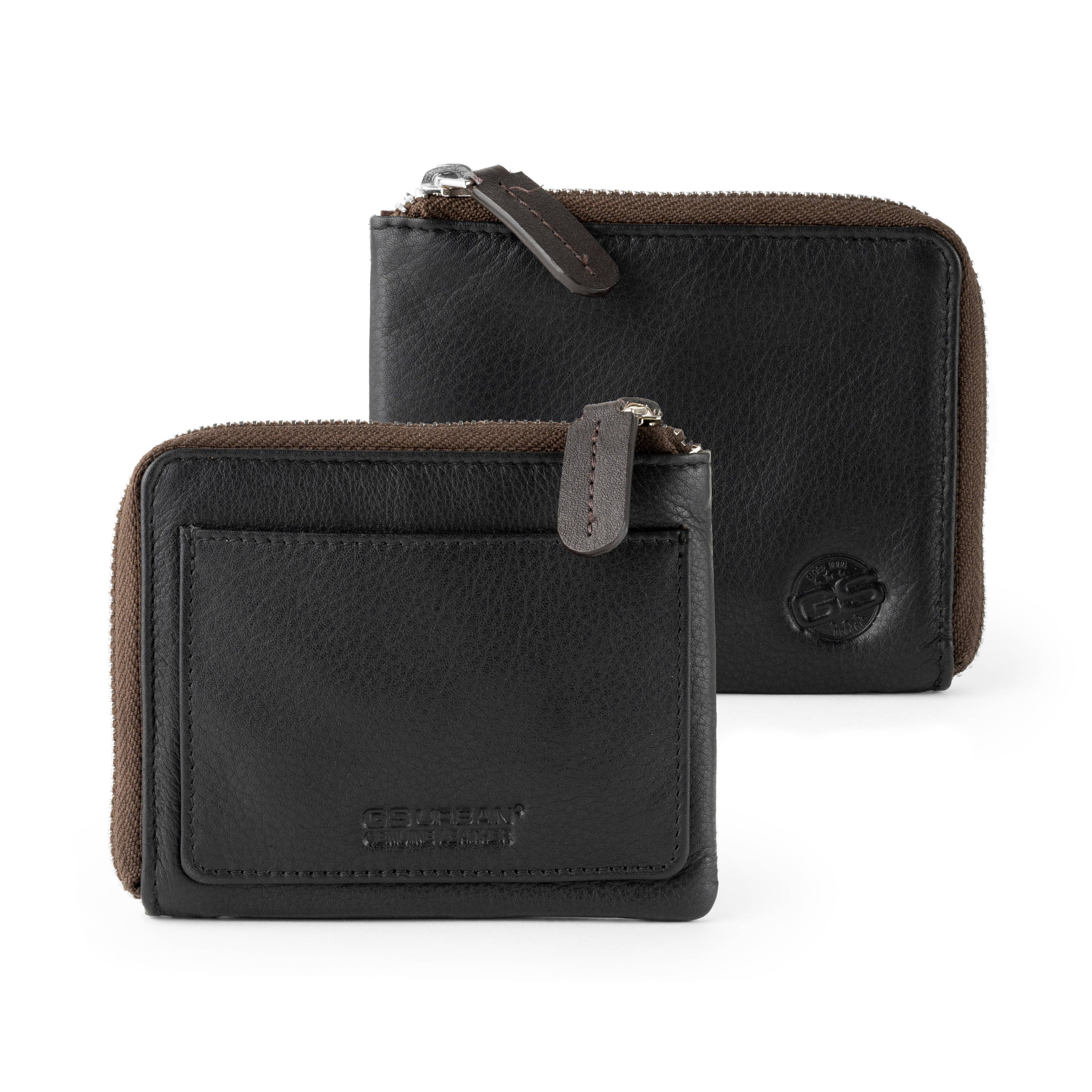 Leather wallet with outer pocket.