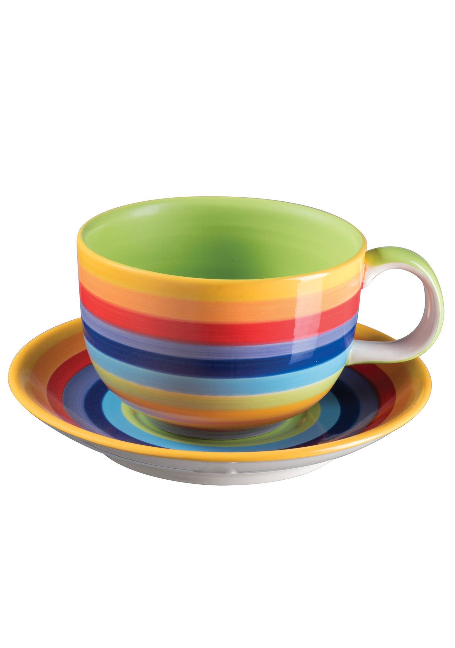 Handpainted Rainbow Stripe Ceramic Large Cup & Saucer