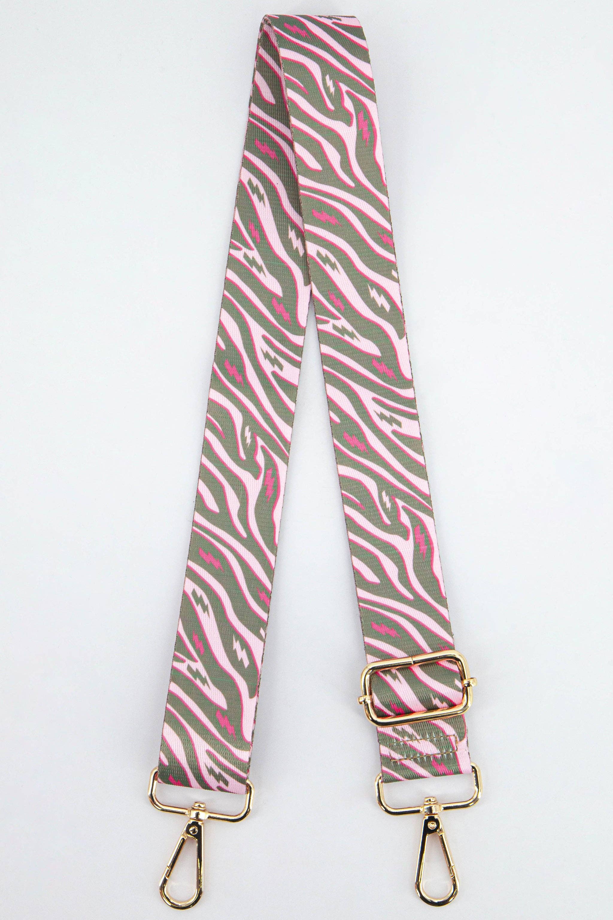 Two Tone Zebra and Lightning Bolt Bag Strap in Khaki & Pink