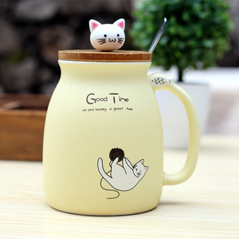 Milk Coffee Ceramic Mug with Lid Spoon Cup Cute Cat Heat-resistant Cup  Kitten Children Cup Office Gifts