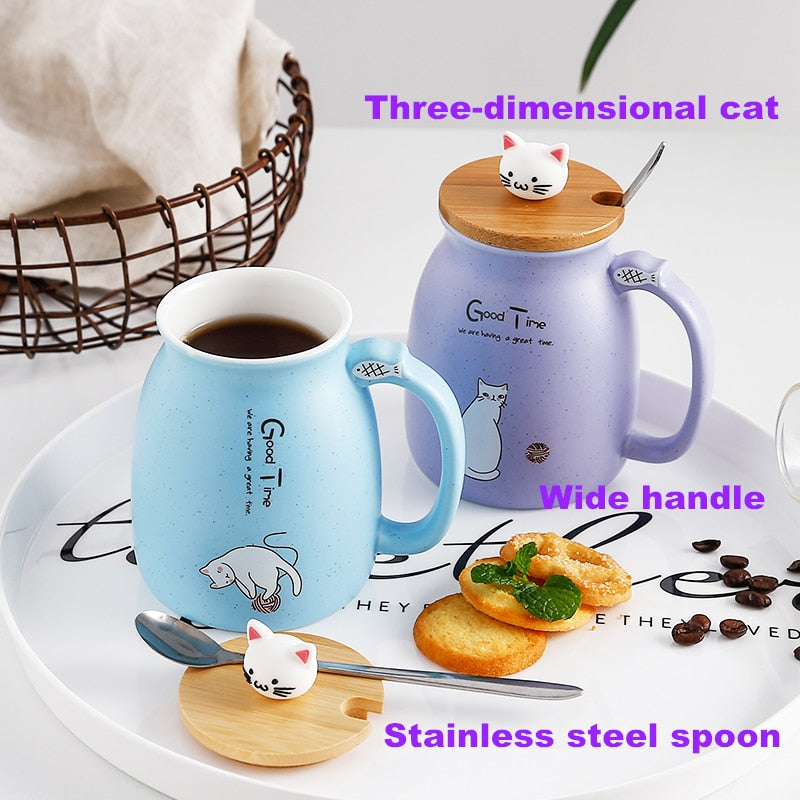 Milk Coffee Ceramic Mug with Lid Spoon Cup Cute Cat Heat-resistant Cup  Kitten Children Cup Office Gifts