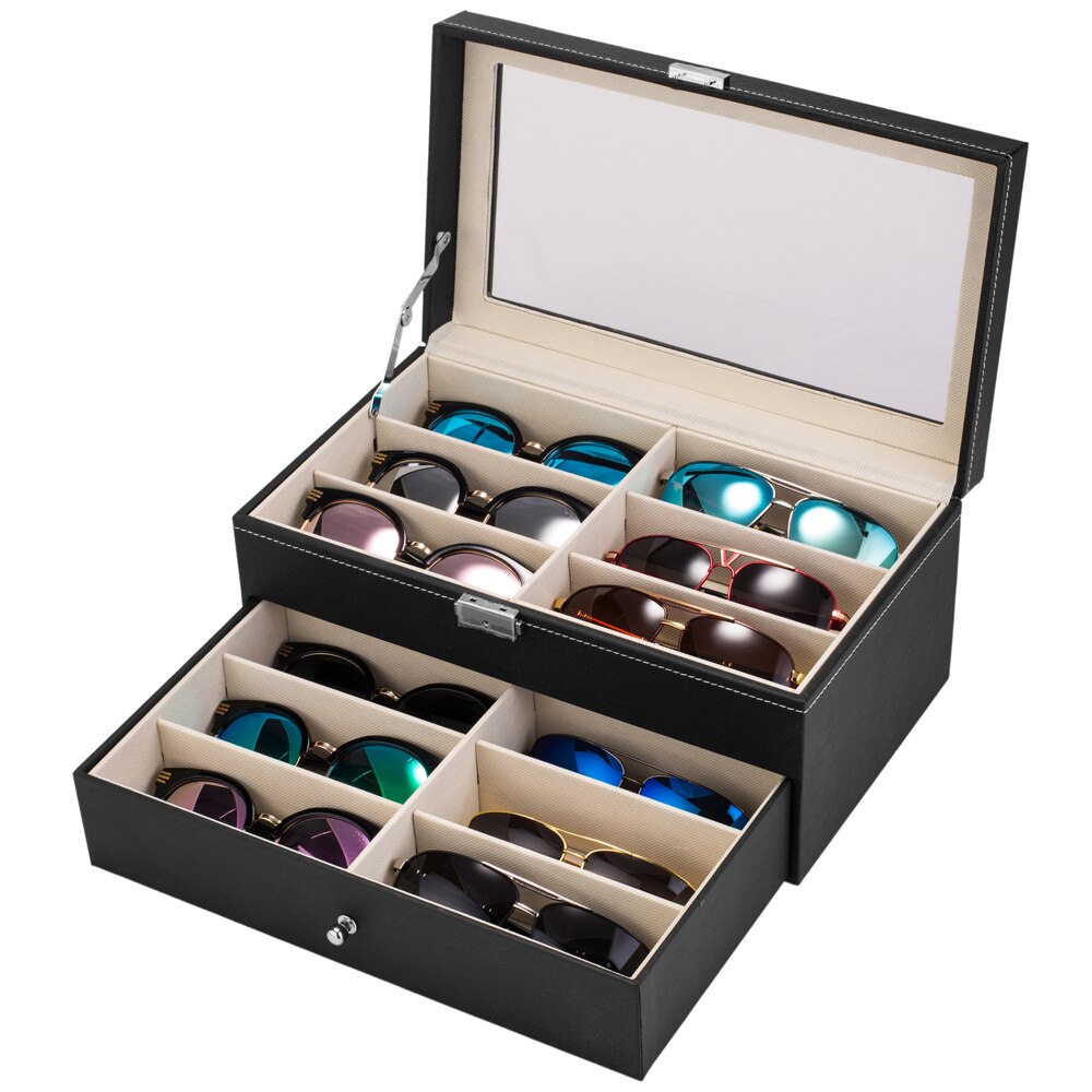 Glasses  Storage Box 12 Cell PU Double Layer Sunglasses Case 2 Tier Fashion Eye Glasses Display Case