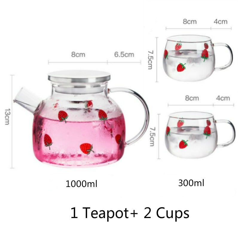 Kawaii Strawberry Glass Cold Water Pot Large Capacity Juice Fruit Teapot  Heat Resistant Glass Kettle For Boiling Water Cute Cups