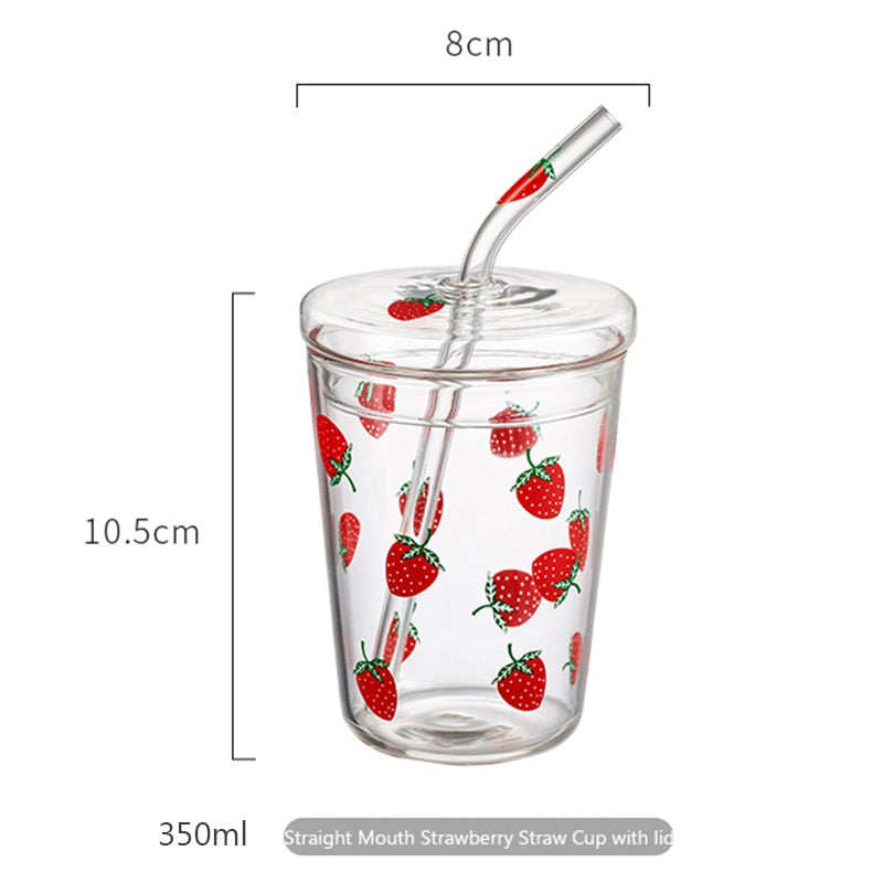 Strawberry Glass Mug with Straw Creative Drinking Cup with Lid – BUNTES  HOUSE