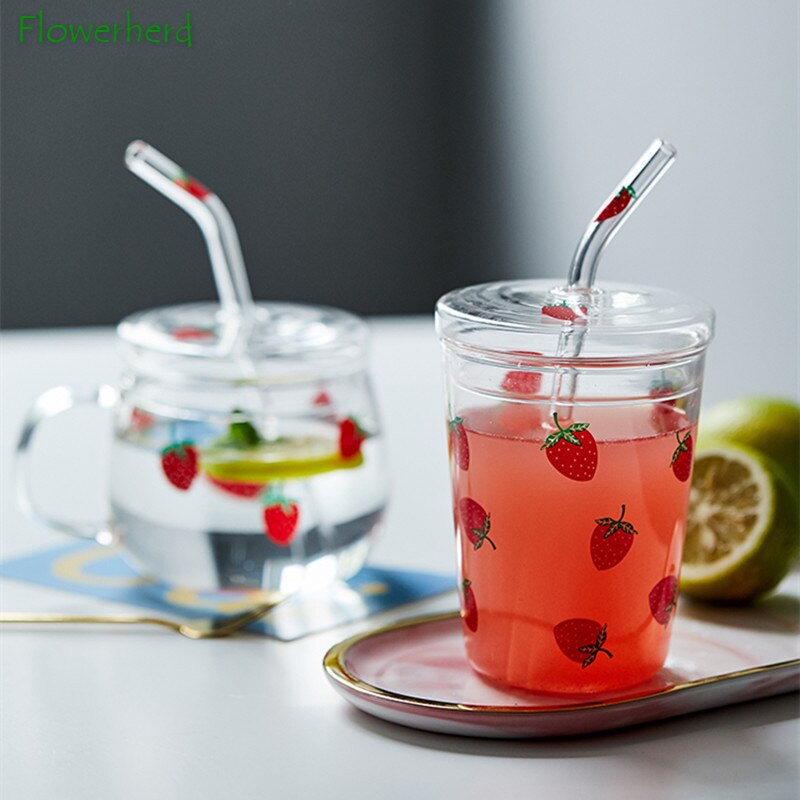 High Borosilicate Cute Strawberry Water Milk Drinking Glasses Cup with  Straw
