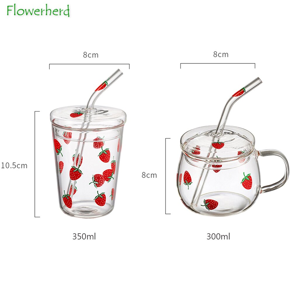 Strawberry Glass Mug with Straw Creative Drinking Cup with Lid – BUNTES  HOUSE
